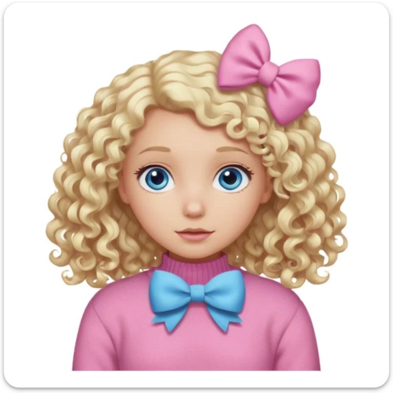 girl with blonde curly hair and blue eyes wearing a pink sweater and white hair bow sticker