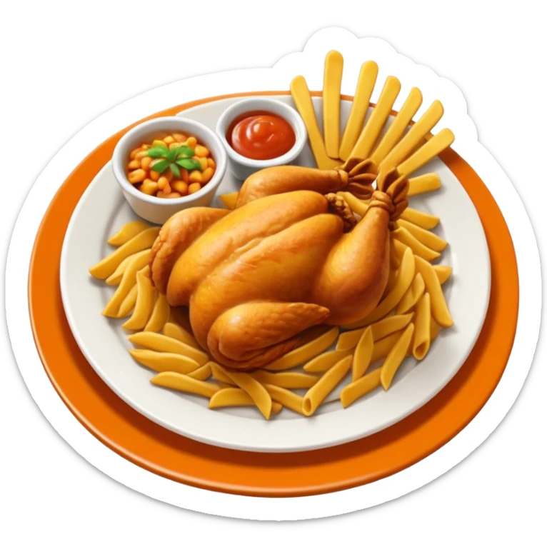 Plato redondo visto desde arriba con pollo en trozos pequeños crujientes bañados en salsa agridulce brillante color naranja, acompañado de pastas y papas fritas doradas gruesas al lado sticker