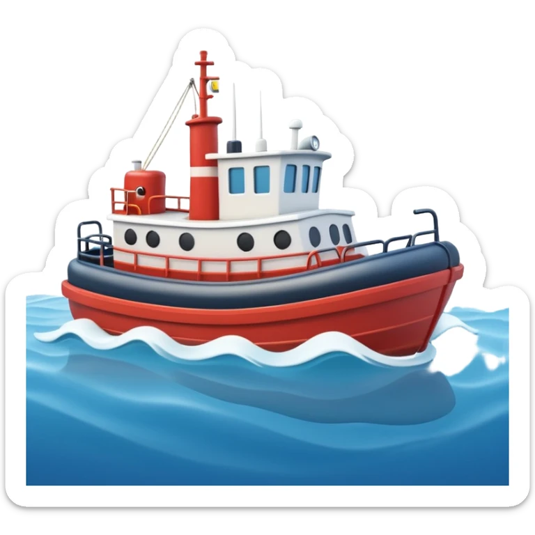 A 3D cartoon tugboat towing another boat on calm blue water, soft waves, clear sky, Memoji-style. sticker