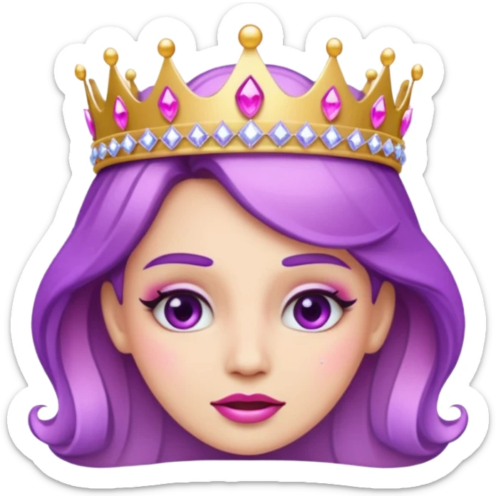 drama queen emoji, exaggerated facial expression, tiara, sparkles, pink and purple tones sticker