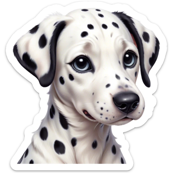 Cinematic Cute Spotted Dalmatian Portrait Emoji, Head tilted playfully and inquisitively, featuring a glossy Fur of predominantly white with dynamic black patches, round, sparkling eyes filled with gentle curiosity, Simplified yet irresistibly adorable features, highly detailed, glowing with a warm, friendly glow, high shine, affectionate and gentle, stylized with a touch of whimsy, bright and endearing, soft glowing outline, capturing the essence of a mischievous yet loving pup, so playful it feels like it could lumber out of the screen and into your arms! sticker