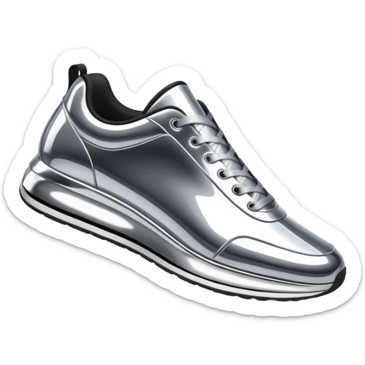 A pair of futuristic sneakers emoji made of silver chrome, sleek streetwear design, smooth metallic panels, subtle reflections, luxury swag aesthetic, iOS emoji style, centered, clean white background sticker