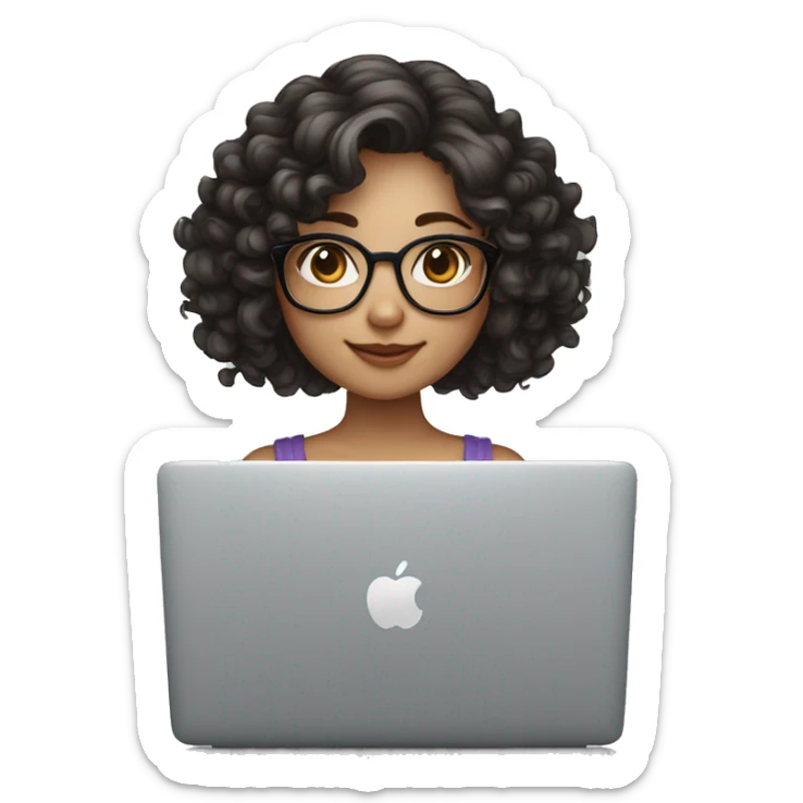 Cute white skin girl with long curly dark hair, glasses, and apple laptop sticker