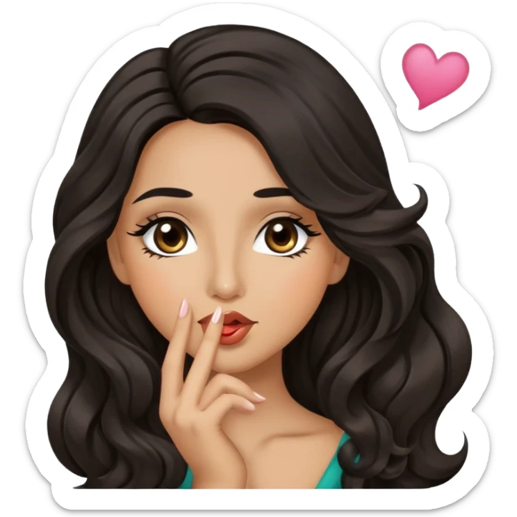 woman with olive skin, brown eyes and long lashes, and long black wavy hair blowing kiss sticker