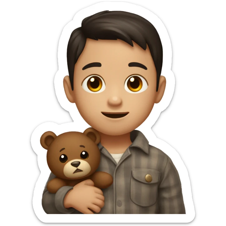 A 4-year-old boy with dark hair, in brown pajamas with a teddy bear in his hand sticker
