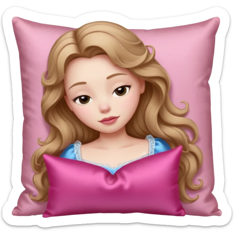 sleeping beauty girl with pale skin and light brown wavy hair with a pink silk pillow sticker