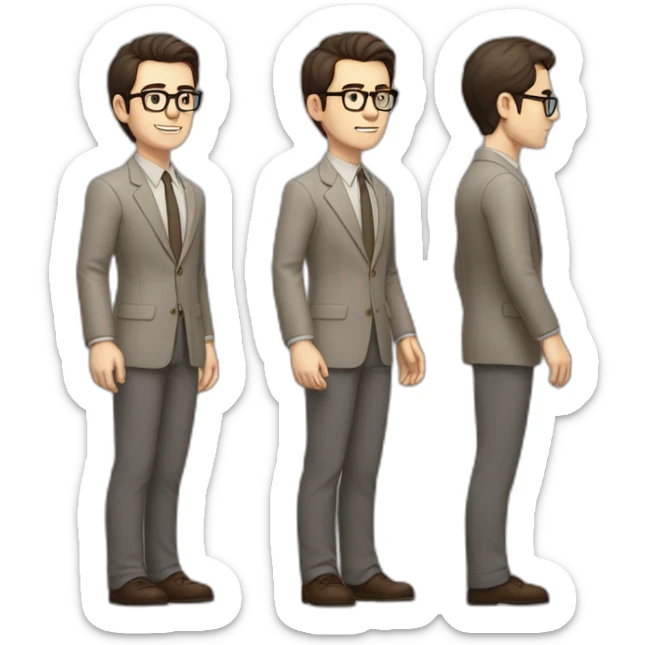 Full height Pale skinned Fit Man With dark brown hair in gray jacket, beige office shirt, tie, Brown pants and vintage glasses. Thrumbs of his palms directed up sticker