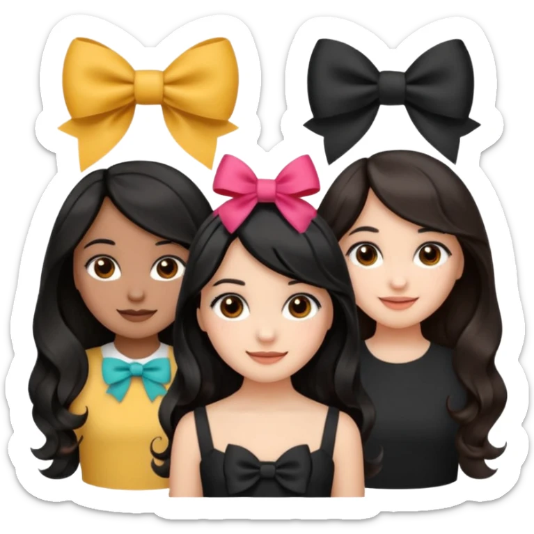 three girls with brown eyes, white and brown skin tones, first girl with completely black straight hair and a bow on her head, middle girl with black wavy hair and a bow, last girl with black voluminous loose waves and a bow, emoji style sticker