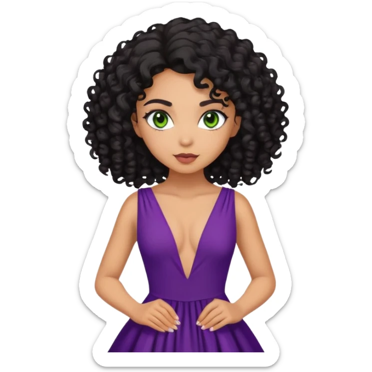 Mixed race girl with green eyes, curly black hair and a deep v purple dress sticker
