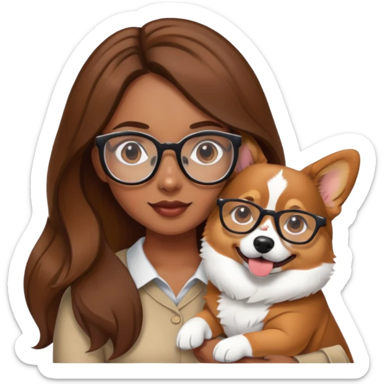 A girl with long brown hair and glasses is holding a corgi sticker
