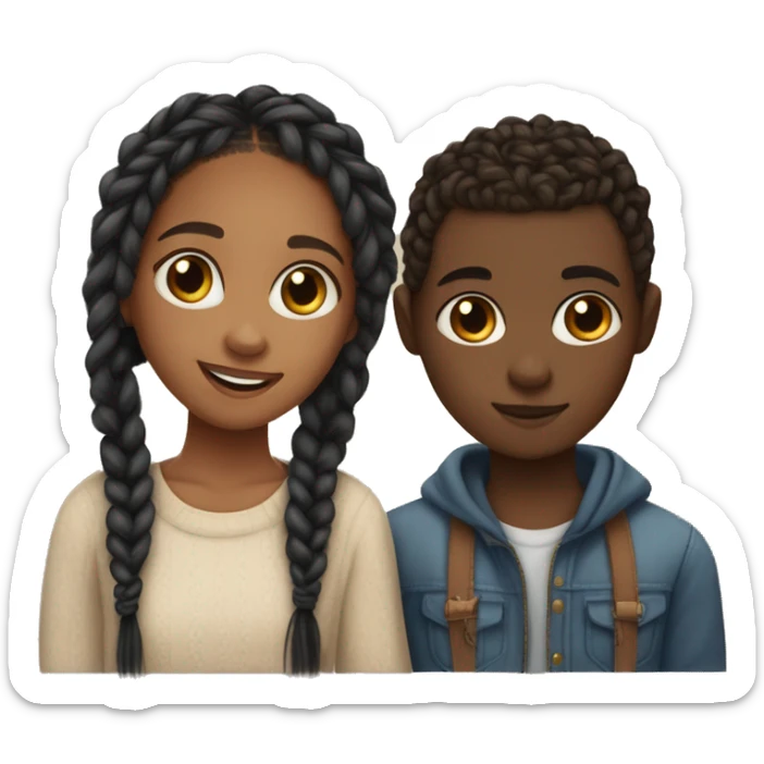 Realistic black girl with box braids and light skin boy with short curly hair and a short beard hugging sticker