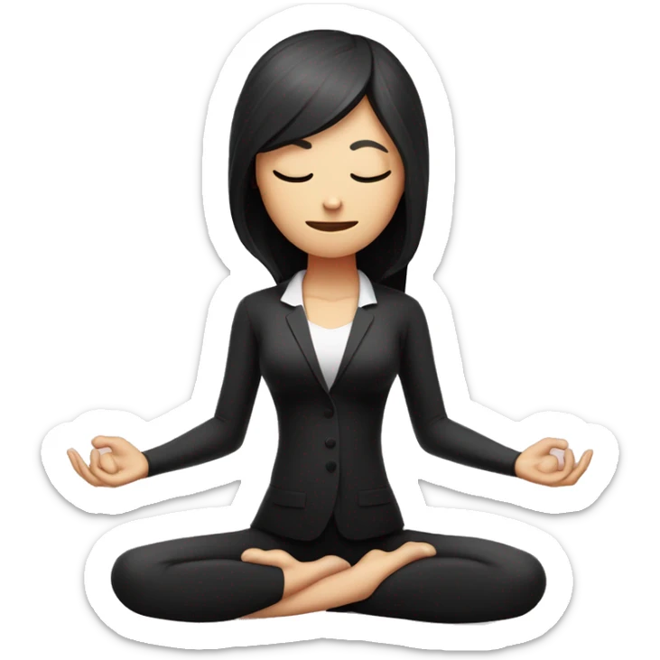 Slender woman in black suit and black hair for yoga with amulet sits in lotus pose with eyes closed sticker