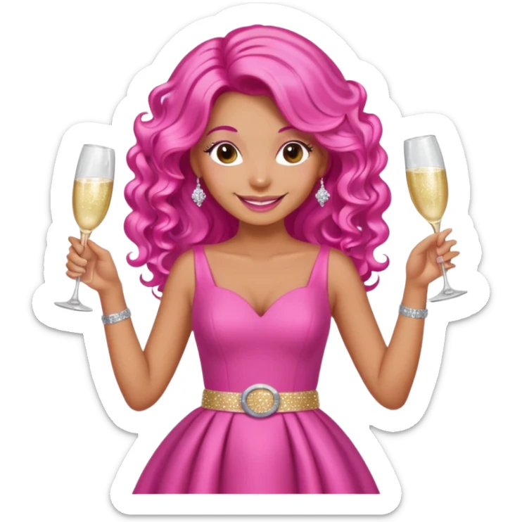 One lady with long hot pink curled hair and tan skin wearing a pink dress with sparkly belt holding a glass of pink champagne in each hand smiling cheerfully  sticker