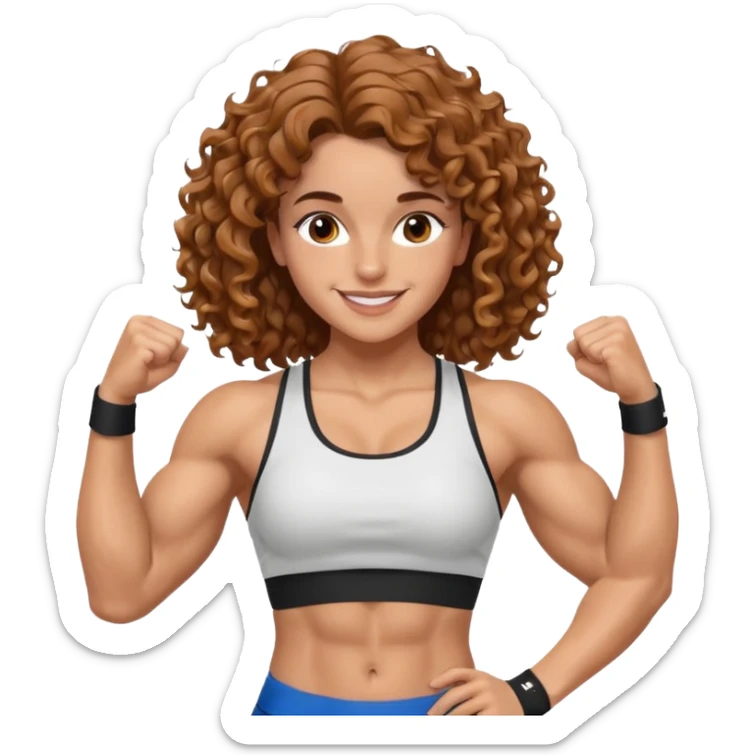 big biceps, muscled torso, very beautiful italian happy girl, looking like Emma Watson, with wavy curly bright hazelnut hair, dressed in a beautiful sports outfit, very muscled sticker