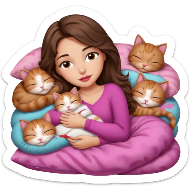 girl with long wavy brown hair, brown eyes, long lashes makeup, sexy pink lips, light to medium complexion,  sleeping on a cozy pillow, with 6 cute cats, sleeping sticker