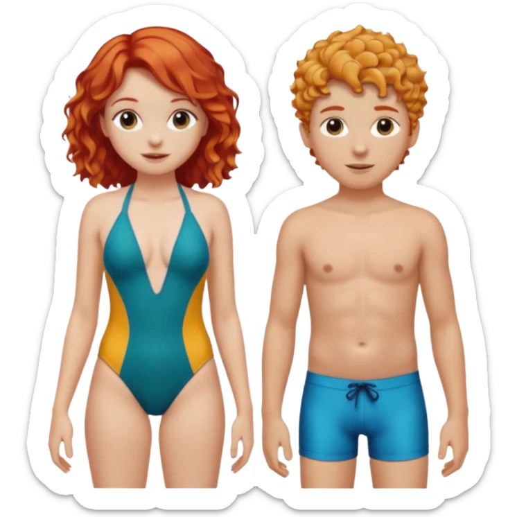 Straight Red hair Girl and curly blonde boy in swimsuit sticker