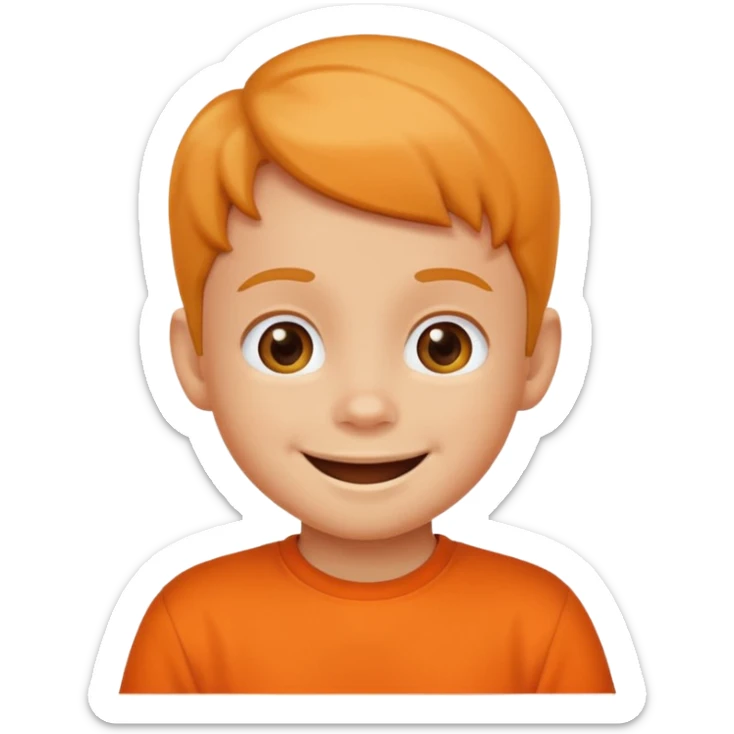 happy little kid with a phone, orange shirt, apple style emoji sticker