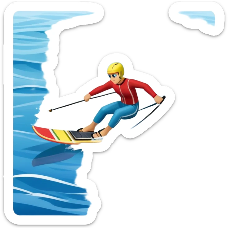 humanless icon showing water skis on the surface of the water, with the skis cutting through the waves, and a distant boat in the background creating a wake. The design highlights the smooth, dynamic motion of water skiing. Transparent background emphasizes the thrill of the sport sticker