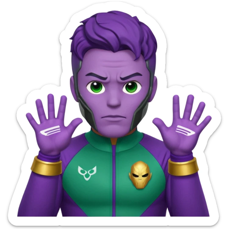 Choi Seung-hyun T.O.P as Thanos emoji style, purple skin, strong jawline, confident mischievous expression, wearing Squid Game Player 230 green tracksuit with visible number, simplified Infinity Gauntlet on one hand, minimalistic, bold lines, bright clean colors, cute small emoji icon sticker