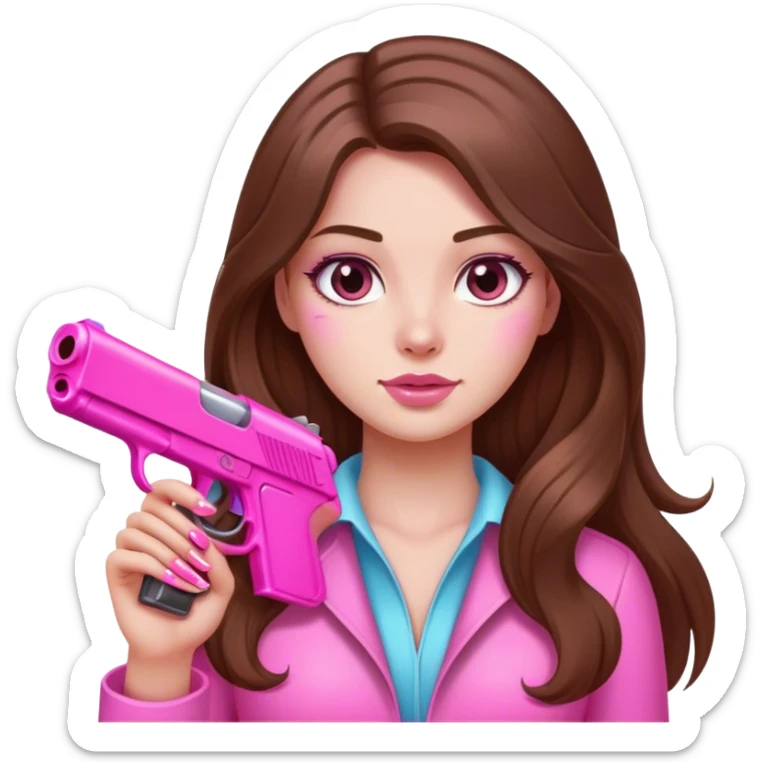 Long hair brown Girl hand pink nails holding pink gun sticker