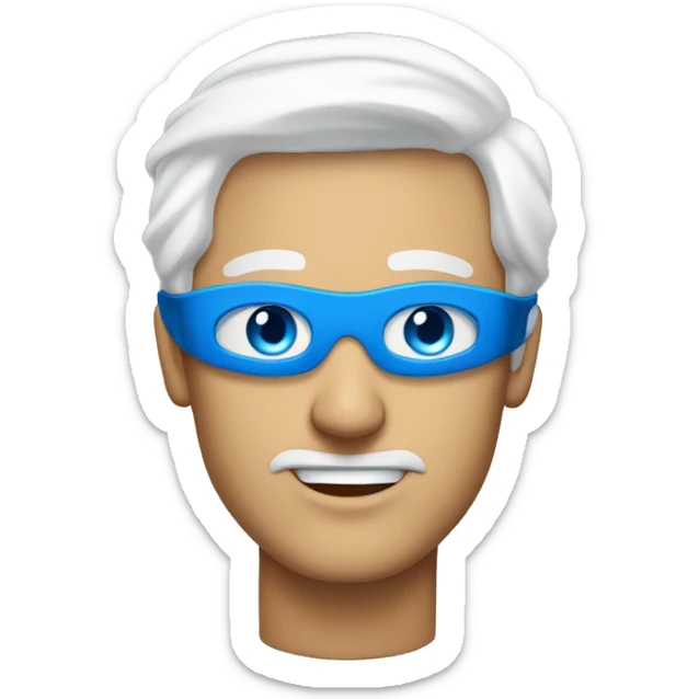 tall and lean man in his late twenties with a head full of white hair and vivid blue eyes which are covered by a blindfold sticker