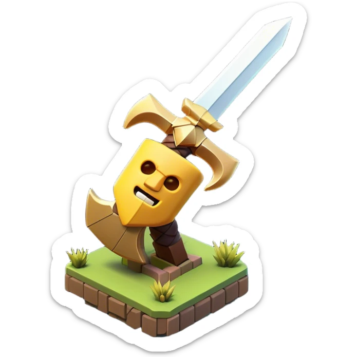 Clash of Clans aesthetic: Cinematic Playful Pixel 3D Sword Portrait Emoji, rendered in a 3D vector-style similar to standard emojis with minimal shading and bold, simplified shapes. A compact, distinct form with signature details, softly glowing with a pixelated adventure charm. Simplified yet unmistakably iconic, highly detailed and consistent, glowing with a soft radiance and high shine. Stylized with a touch of classic pixel-art charm and a soft glowing outline, capturing the essence of a beloved gaming relic with a friendly, playful manner! sticker
