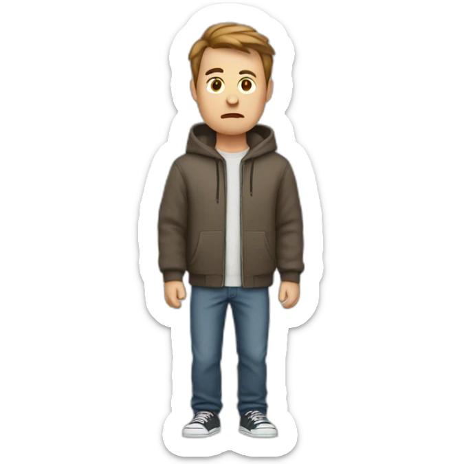 a white male with VERY VERY short brown hair is angry and wearing sweatshirt sticker