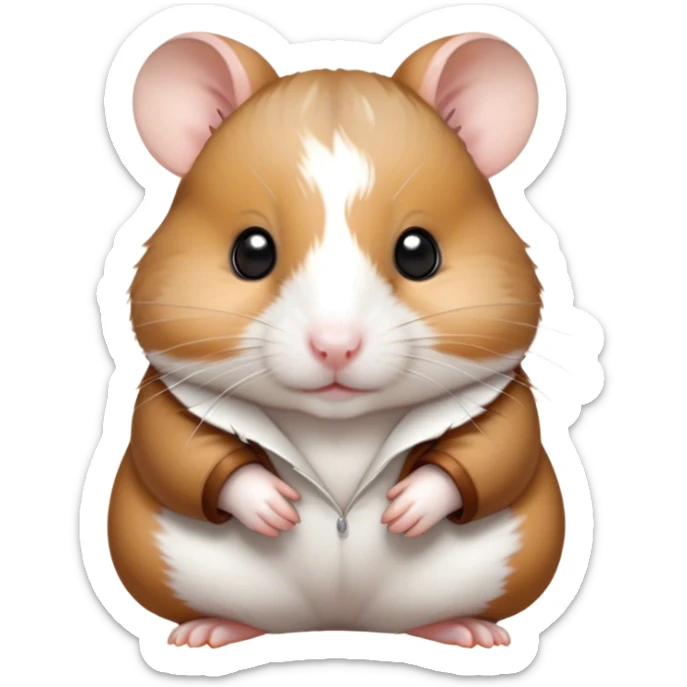 Cinematic Noble Brown and White Banded Hamster Portrait Emoji, Poised and regal, with a tiny, compact build and a uniquely patterned coat of warm brown and crisp white bands, deep-set soulful dark eyes, Simplified yet sharp and sophisticated features, highly detailed, glowing with a soft, dignified glow, high shine, intelligent and charming, stylized with an air of distinctive elegance, focused and attentive, soft glowing outline, capturing the essence of a watchful and confident rodent, so majestic it feels as though it could scurry out of the screen with effortless authority! sticker