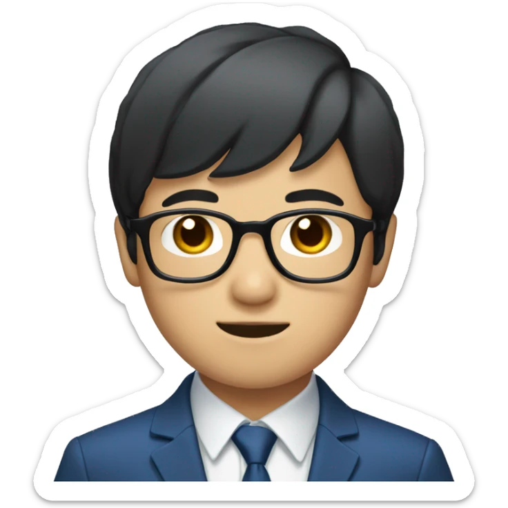 Asian boy with fair skin, short black hair, wearing a blue suit and black glasses sticker
