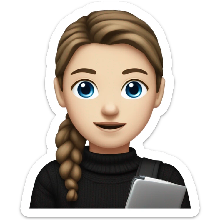 caucasian white girl student, holding laptop, blue eyes, dark brown hair ponytail wearing a thick black sweater sticker