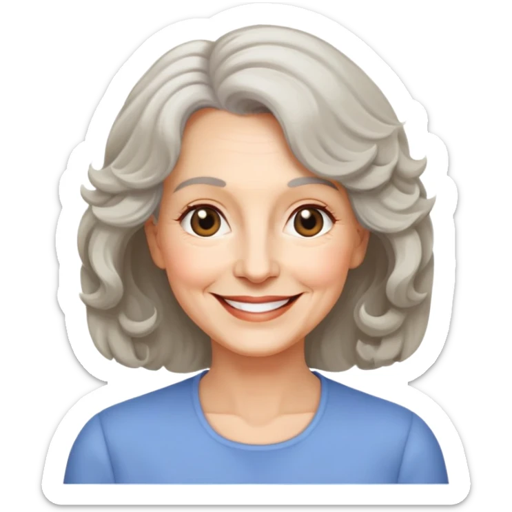 "- Nữ
- 60 tuổi
- Da trắng
- Tóc ngang vai, xoăn nhẹ
- Mặt cười tươi, vui vẻ, mắt màu đen sticker