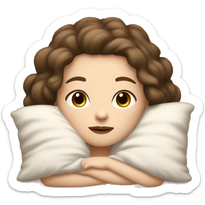 white girl, dir darkbrown hair laying in bed sleeping like e baby. bed color is alls in beige and white sticker