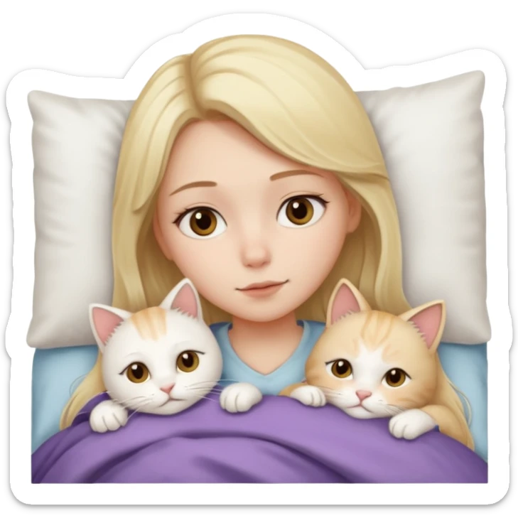 They recreate a photo of a blonde girl with light brown eyes, lying in bed sick with the flu, with her cat white nearby. sticker