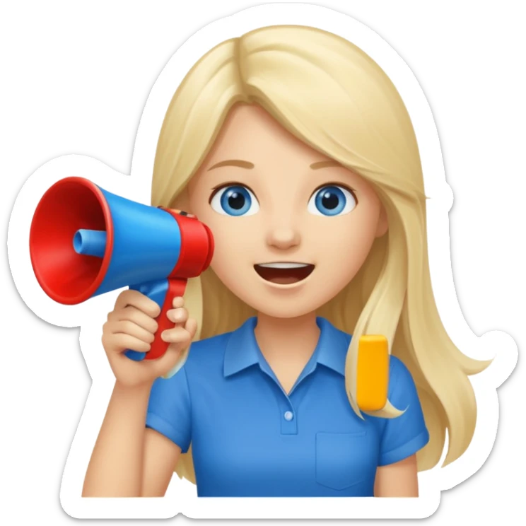 blue eyes blonde girl yelling into megaphone saying timeout long hair smiling sticker