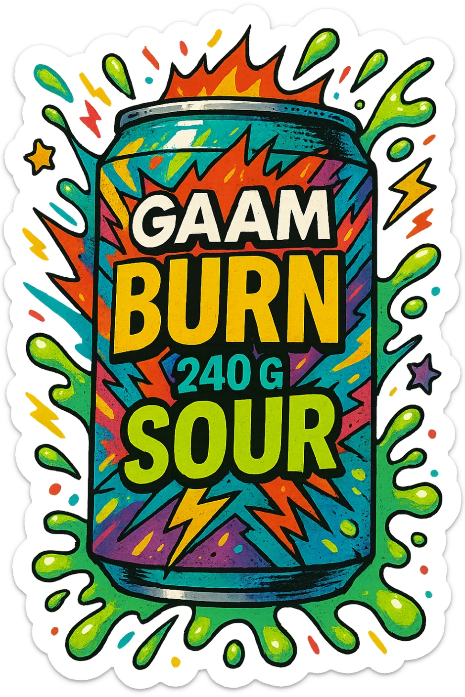 Gaam Burn 240 G Sour, energetic and vibrant, digital illustration, no background sticker