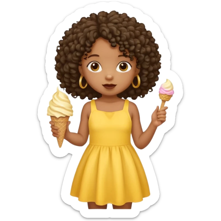 a little black girl kid with curly hair, yellow dress, eat ice cream sticker