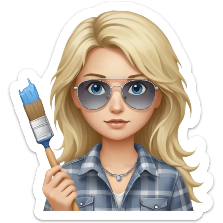 girl with long blond messy hair, wearing grey plaid shirt with blue eyes and aviator sunglasses wearing a ring on her silver necklace, holding a paint brush roller with a small bit of white paint on her face sticker