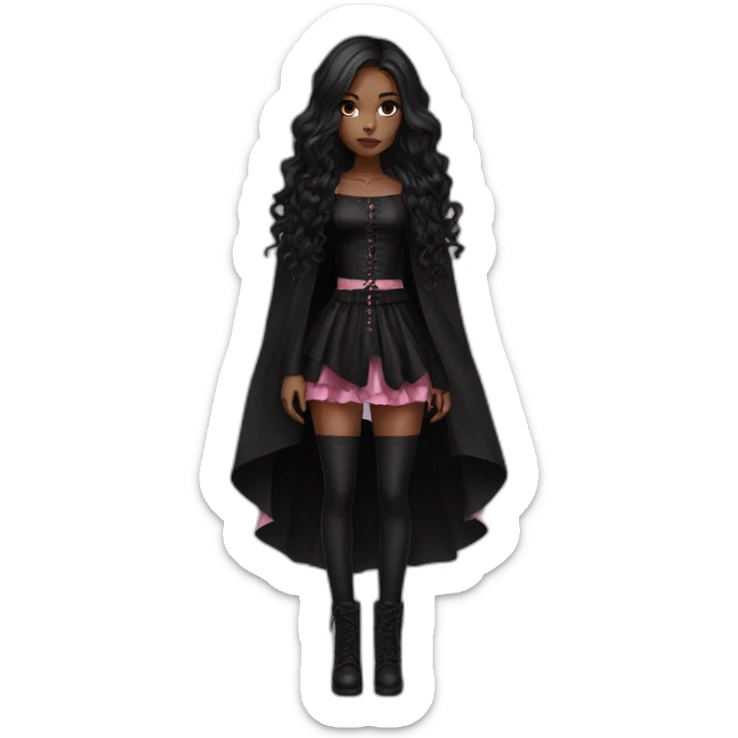 Pink and black gothic clothes, Brown skin girl, full body, long hair, red and black hair sticker