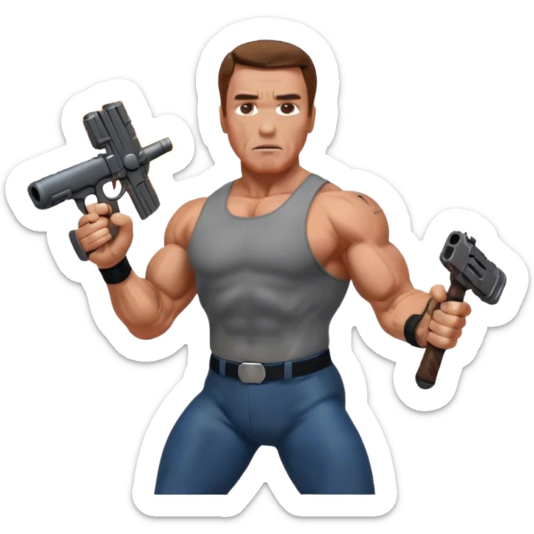 Icon for Action Movies: Arnold Schwarzenegger in the lead role, in an intense action pose with weapons, explosions, and dramatic background. The design should evoke the classic action movie feel with muscle-bound heroes and high-energy sequences. Transparent background. sticker