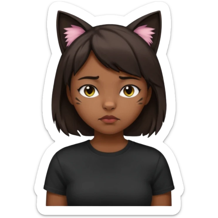 a girl with short dark brown hair with lots of dandruff , cat ears and a tail, with a black t-shirt on sticker