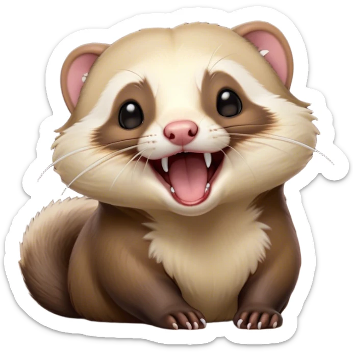 Cinematic Cute Yawning sable ferret Portrait Emoji, Head tilted slightly with an exaggerated, wide-open yawn, showcasing a long, flexible body with a plush fur in soft brown and cream, droopy, drowsy eyes, and a relaxed expression, Simplified yet irresistibly endearing features, highly detailed, glowing with a soft, cozy natural glow, high shine, relaxed yet expressive, stylized with a dash of whimsical charm, soft glowing outline, capturing the essence of a sleepy yet affectionate sable ferret that seems ready to curl up for a nap! sticker