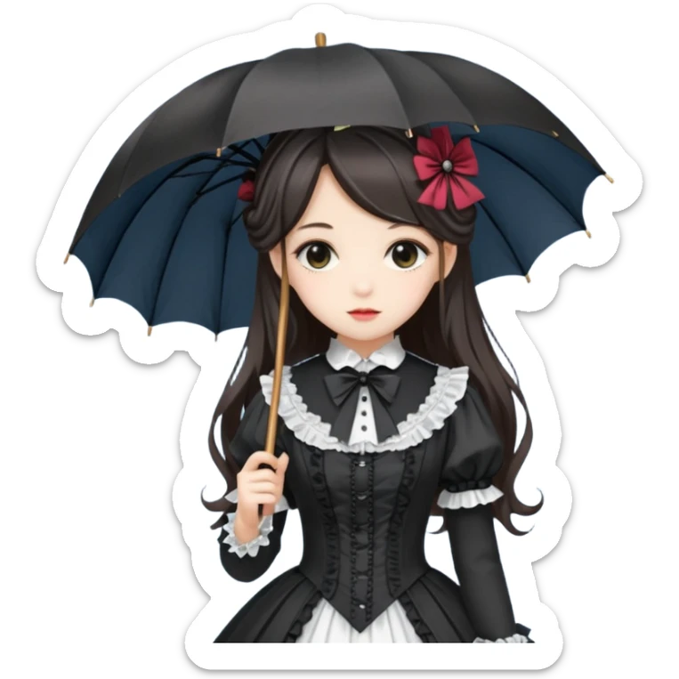 Beautiful pretty Victorian gothic Lolita lady, anime style, gorgeous hair, beautiful dress, holding umbrella sticker