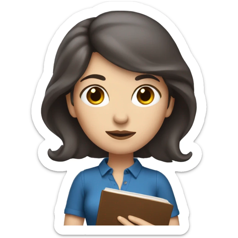 White woman with dark brown hair and eyes holding a book. Blue outfit sticker