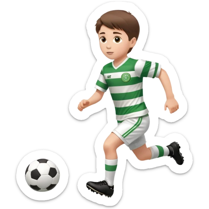 Celtic footballer jersey logo  6 years old brown hair white boy , brown eyes , stripes uniform , RUNNING  with soccer ball # 17 celtic football logo  ONE CELTIC LOGO ONLY white shorts sticker