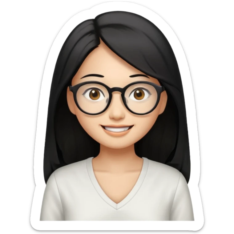 medium tan asian woman with long black hair past middle of back, round brown eyes, white v neck blouse. she has black  square frame glasses on and smiling with no teeth sticker