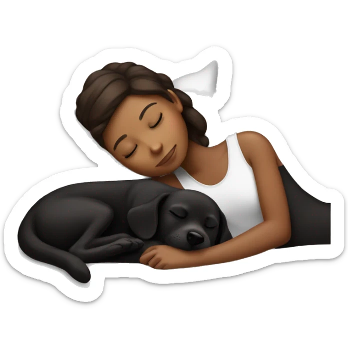 Brown skin girl brown hair sleeping with black puppy sticker