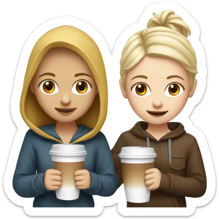two white-skinned friends, one with blonde hair and the other with brown hair, drinking a cold coffee dressed in hoddies sticker