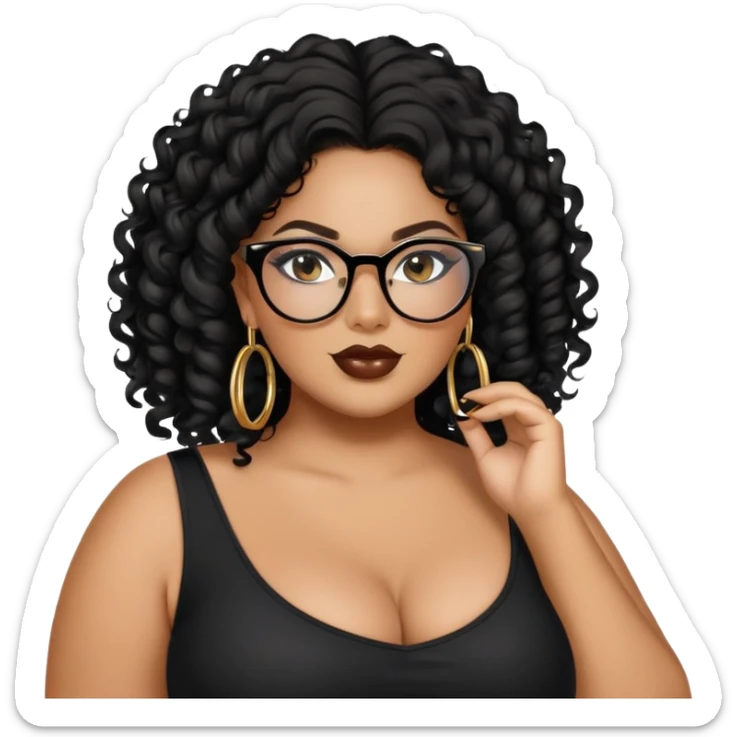 big plus size, latina, darker tan skin, gold hoops, long black curly hair, baddie,pretty, makeup, lipgloss, black eyeliner, long hair, black top, black glasses sticker