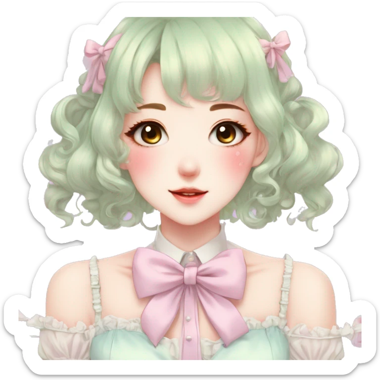 Gorgeous pastel anime style lady with blushing face and laces bow ties necklace cottagecore fairycore pastelcore colorful pearly romantic simplistic aesthetic trending style sticker