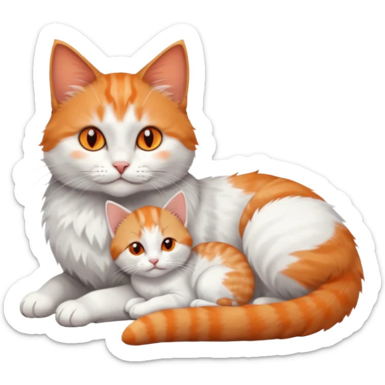 full body of a grey and white cat cuddling a very small + skinny ginger and white kitten with deep orange eyes and triangular shaped face lying down sticker
